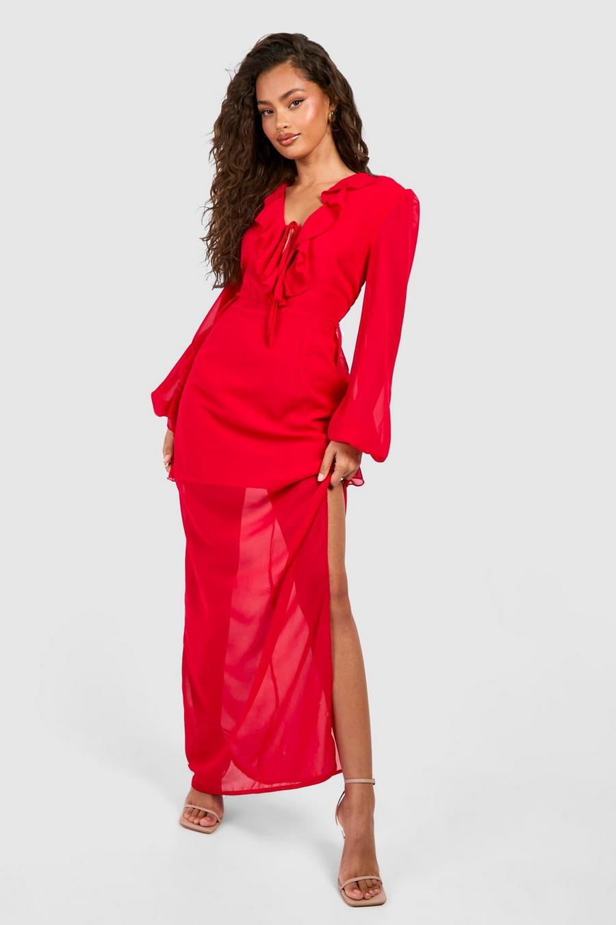 Red Chiffon Plunge Ruffle Maxi Dress