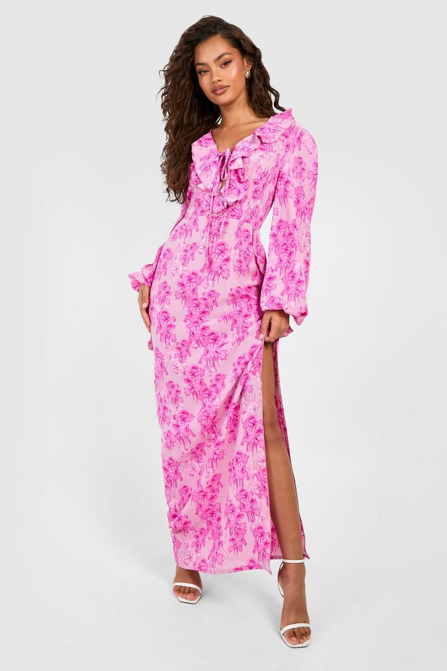 Vestito maxi a fiori con scollo profondo e arricciature, Pink