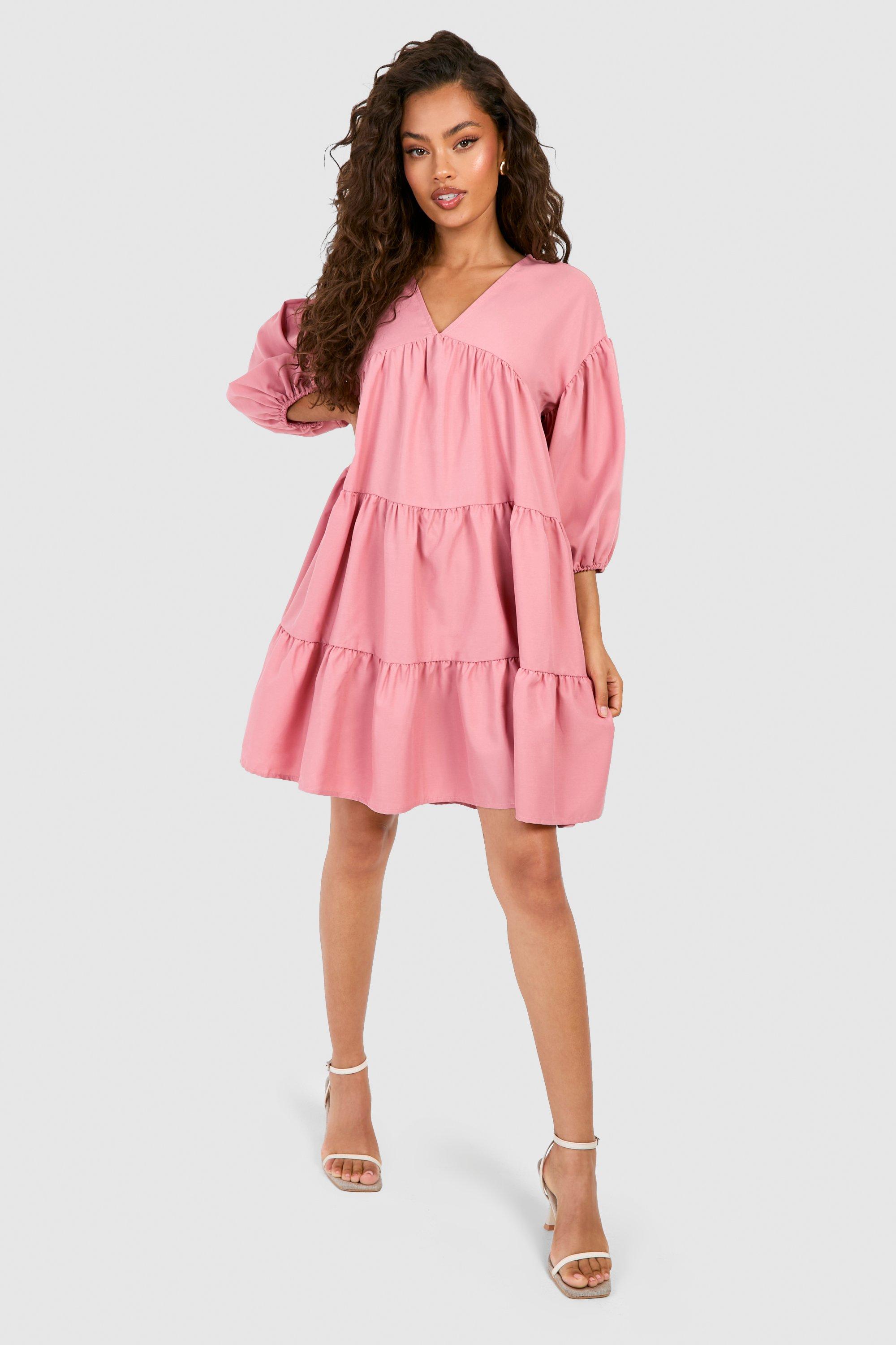 Poplin V Neck Tiered Smock Dress boohoo UK