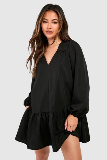 Poplin Blouson Sleeve Trapeze Mini Smock Dress black