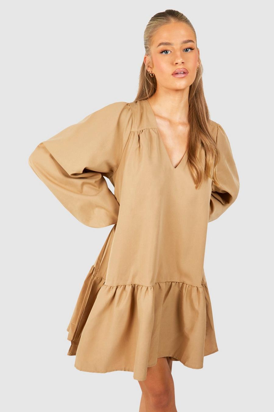 Camel beige Poplin Blouson Sleeve Trapeze Mini Smock Dress