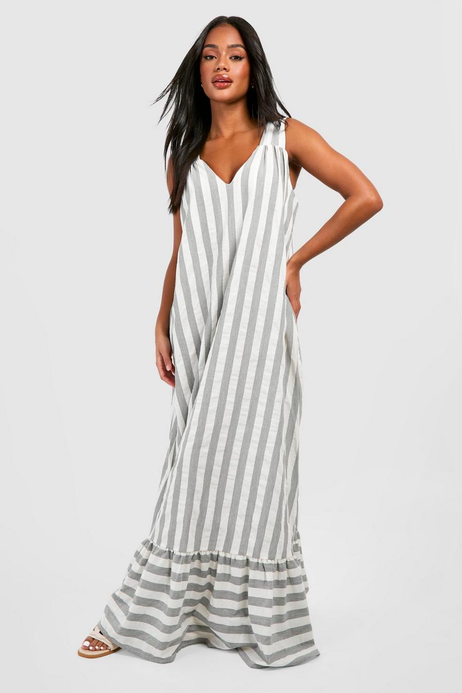 Grey Wide Stripe Trapeze Maxi Dress