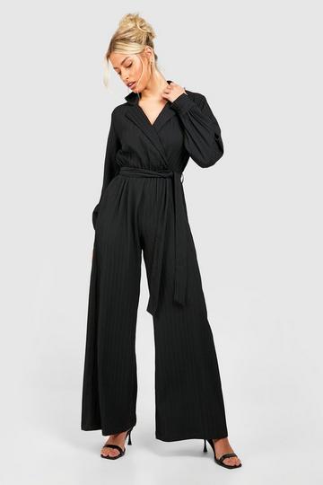 Black Textured Wrap Wide Leg Jumpsuit