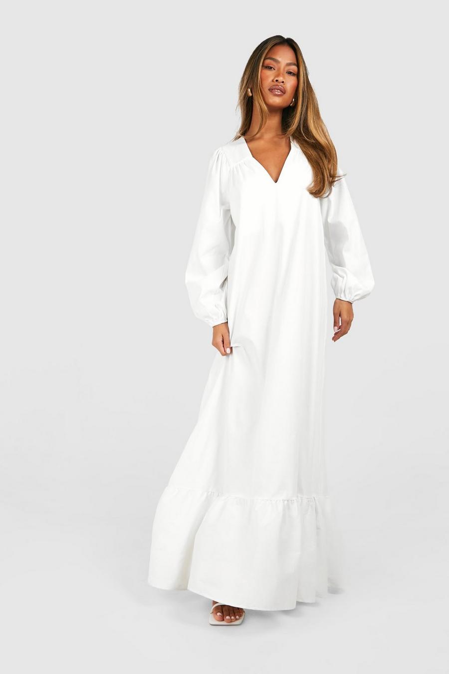 White blanc Poplin Blouson Sleeve Trapeze Maxi Dress