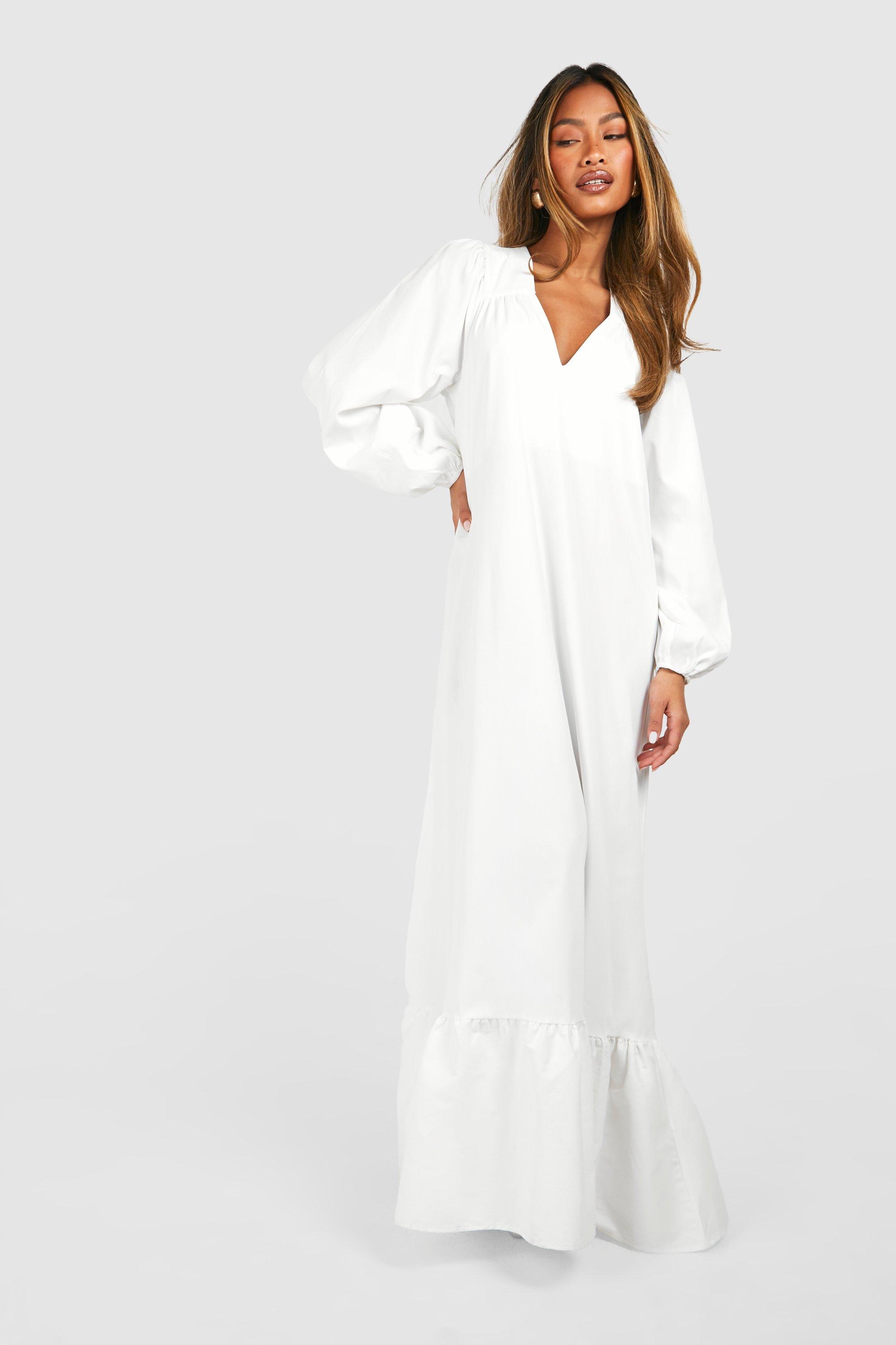 Poplin Blouson Sleeve Trapeze Maxi Dress