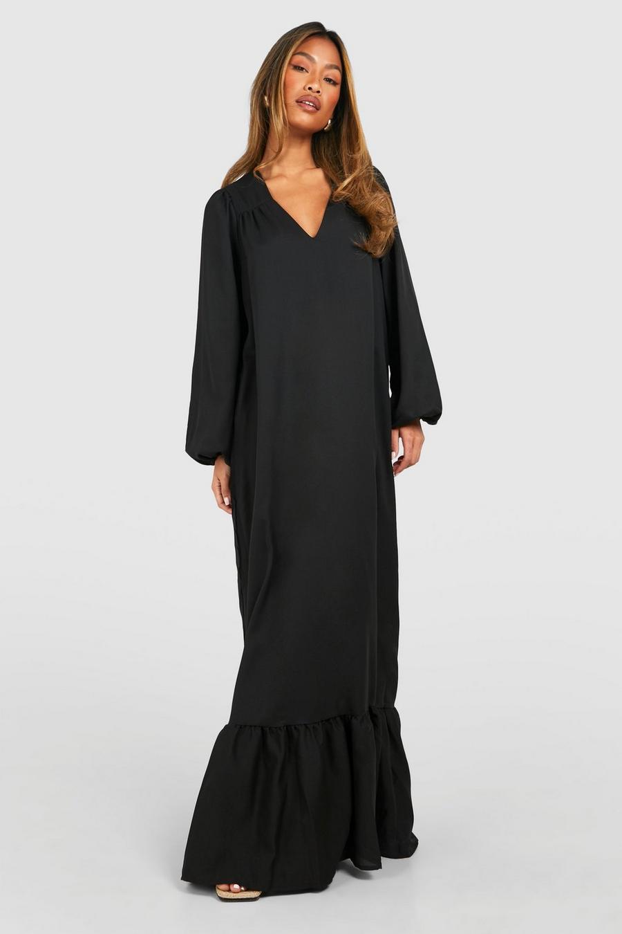 Black Blouson Sleeve Trapeze Maxi Dress image number 1