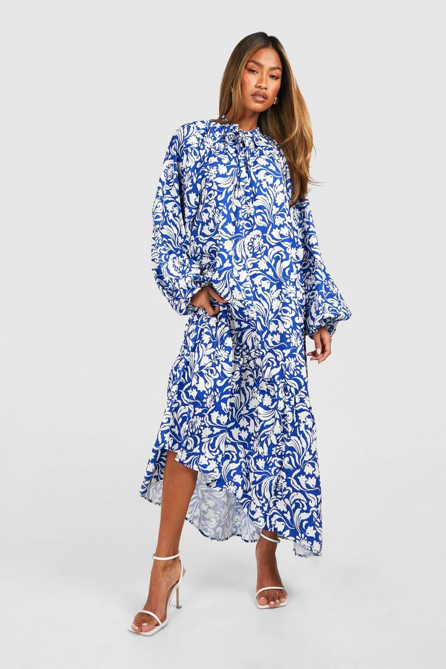 Blue Printed Tie Neck Midi Smock Dress