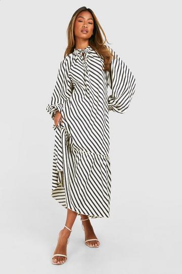 Textured Stripe Tie Neck Midi Smock Dress black