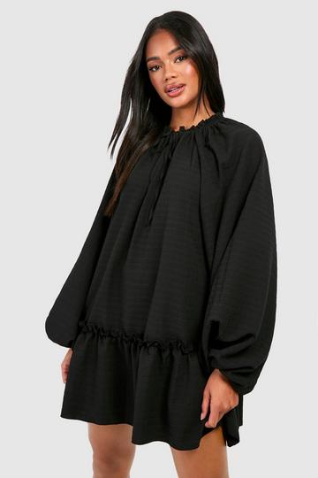 Textured Tie Neck Mini Smock Dress black