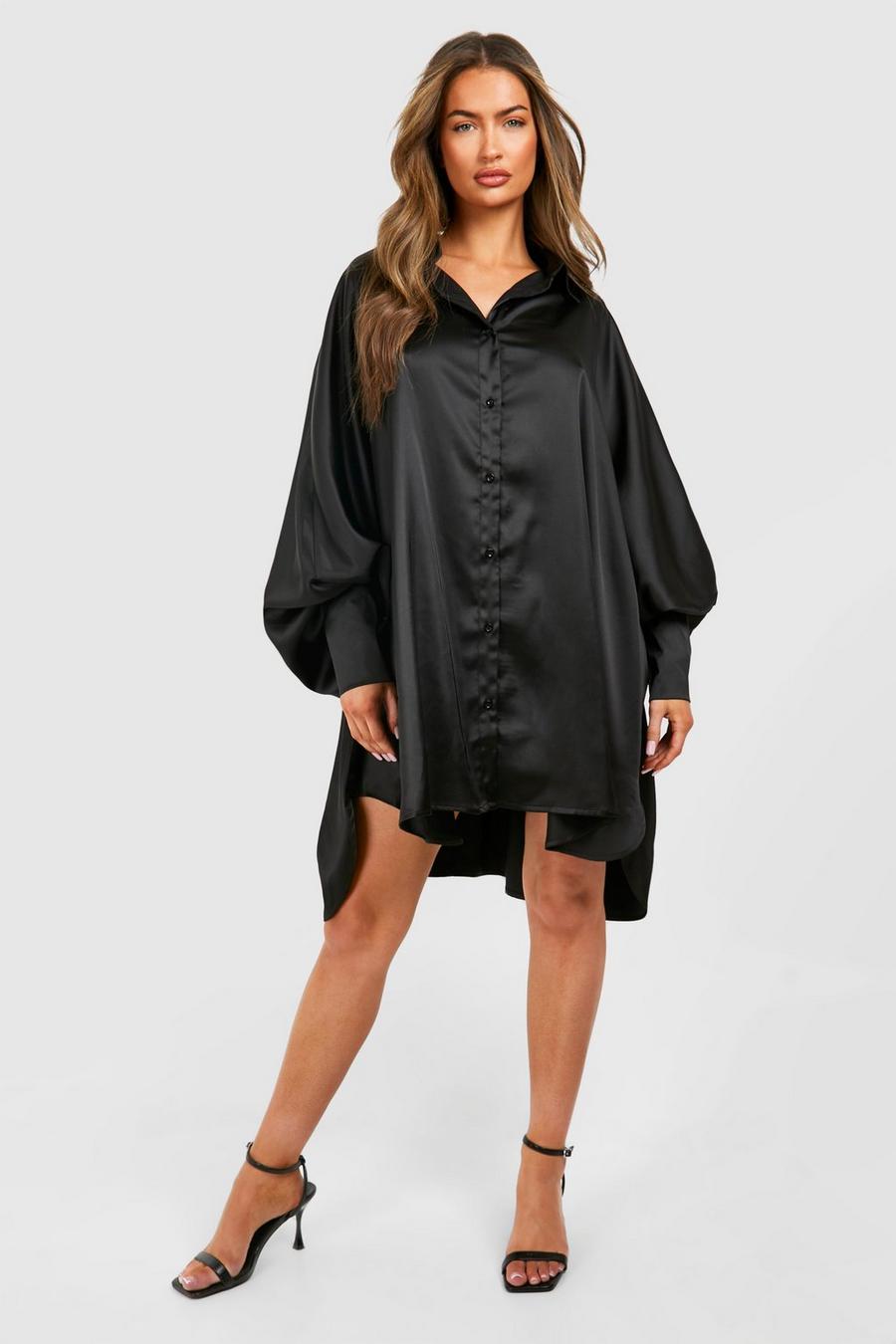 Vestito camicia oversize in raso con maniche ad ala di pipistrello e palloncino, Black image number 1