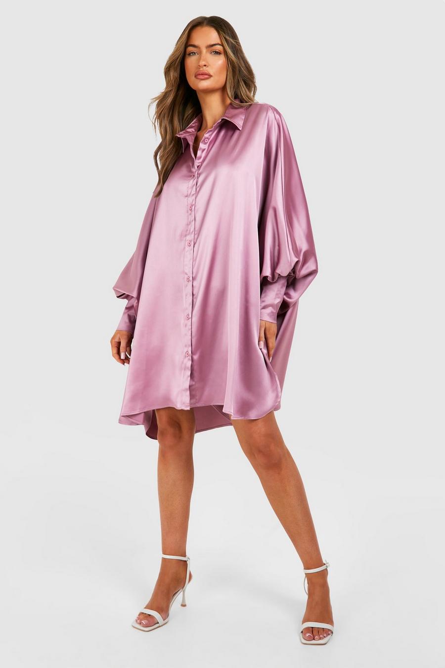 Mauve Satin Oversized Batwing Balloon Sleeve Shirt Dress