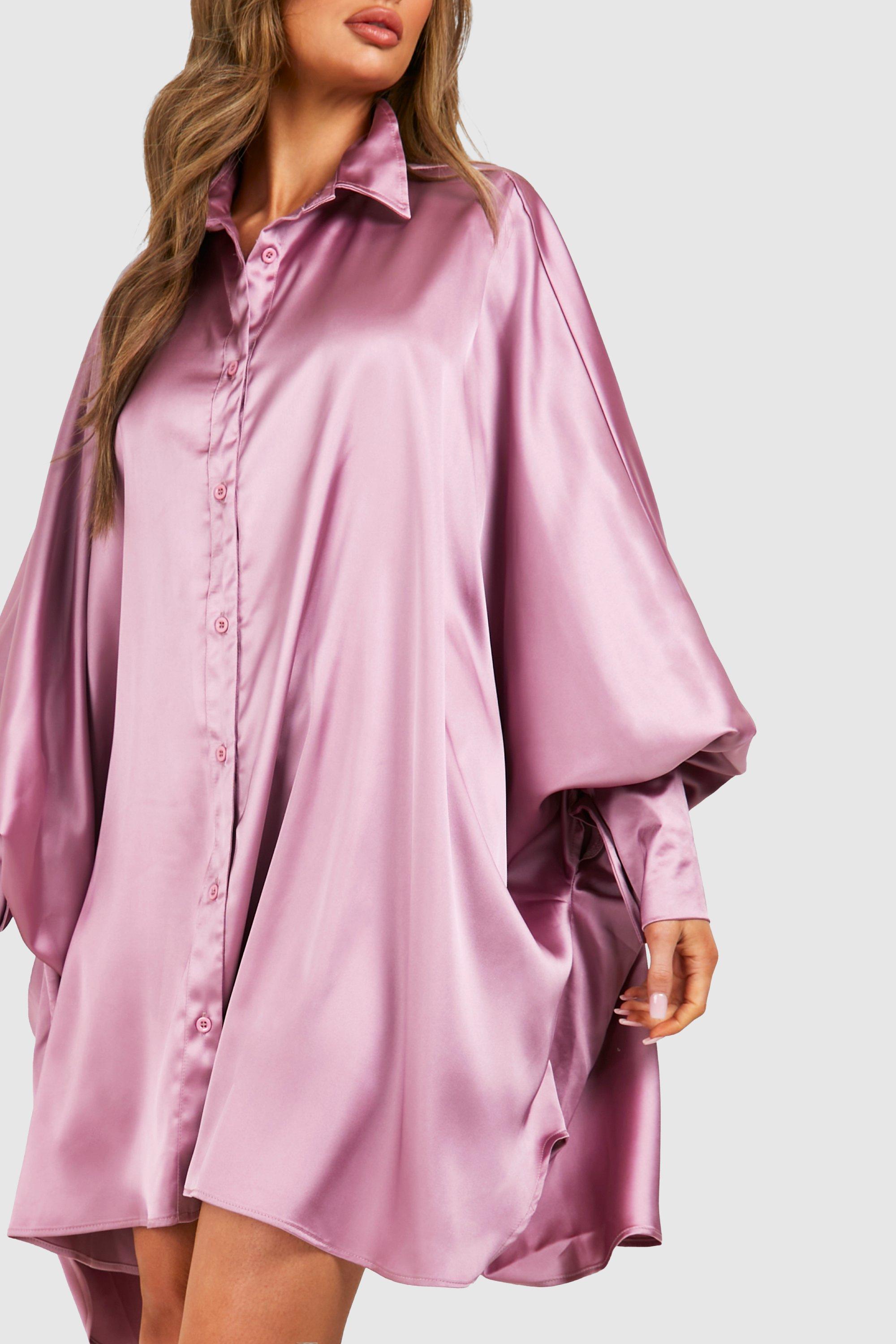 Satin Oversized Batwing Balloon Sleeve Shirt Dress | boohoo