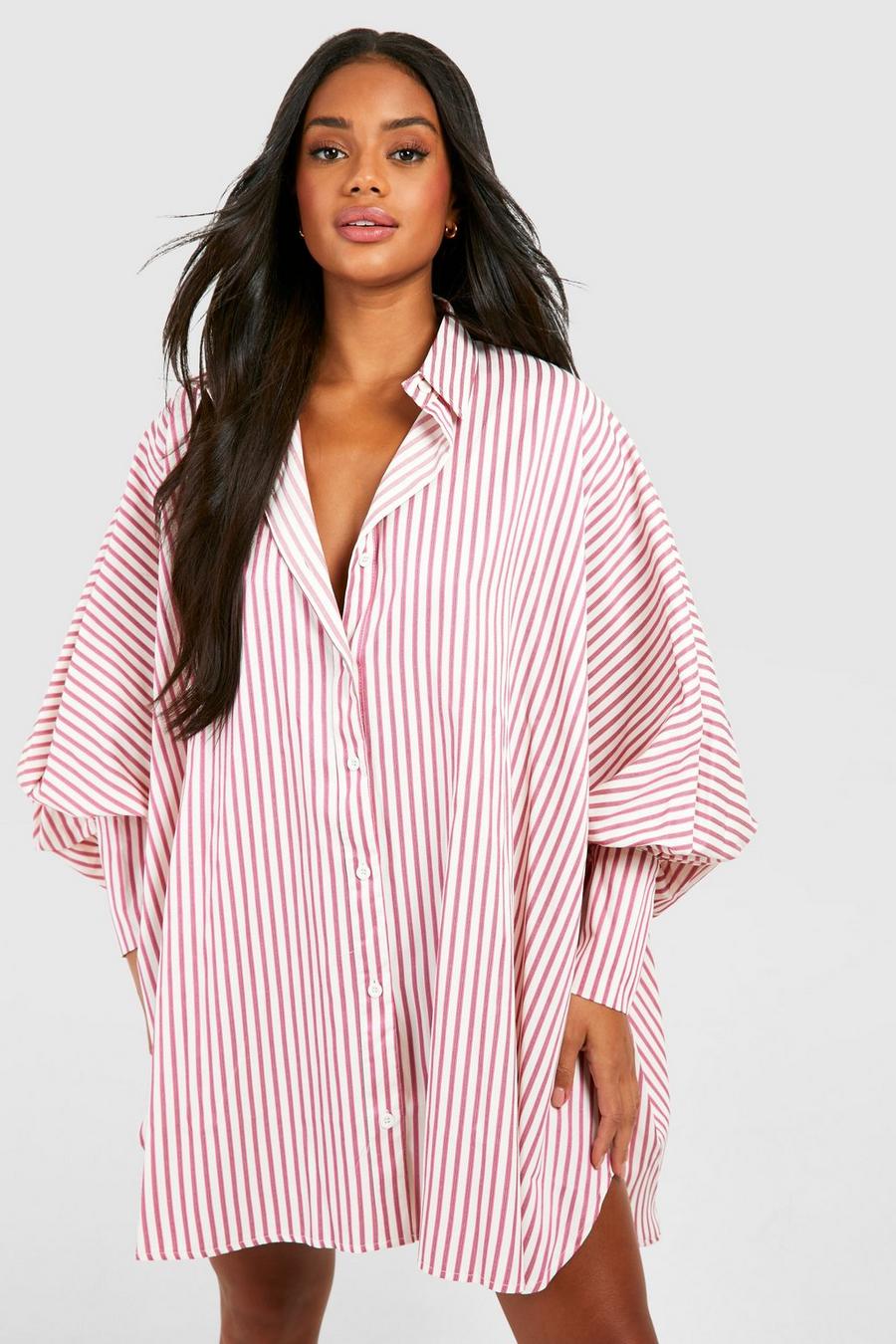 Strukturiertes gestreiftes Oversize Hemdkleid mit Ballonärmeln, Hot pink image number 1