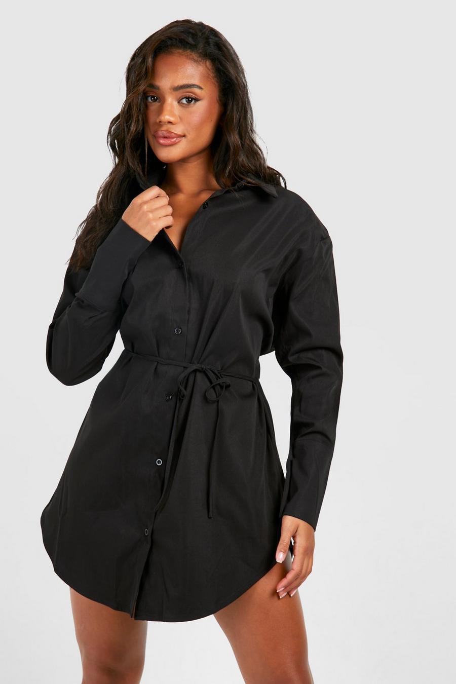 Black Cinched Waist Shoulder Pad Shirt Dress