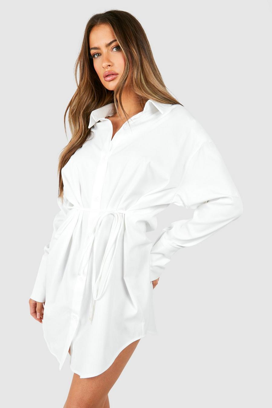 White Cinched Waist Shoulder Pad Shirt Dress