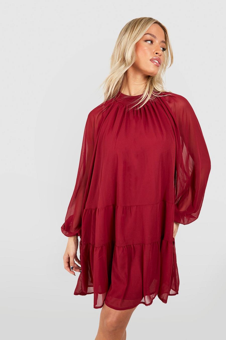 Chiffon Mini-Smokkleid mit Blouson-Ärmeln, Berry