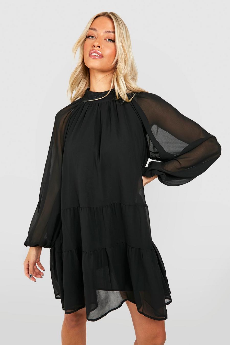 Black Chiffon Blouson Sleeve Mini Smock Dress image number 1