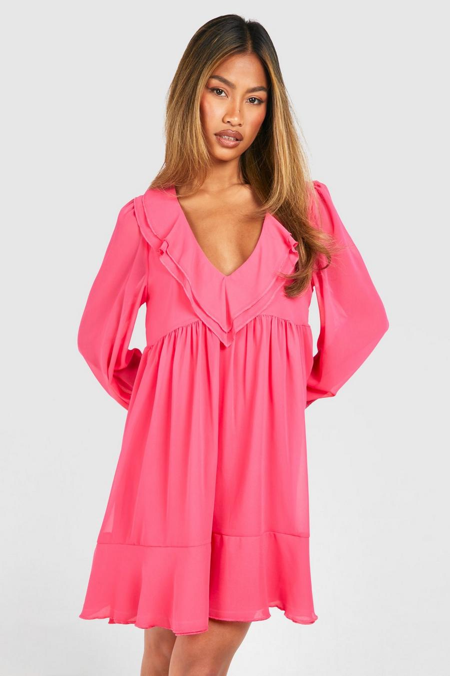 Robe babydoll courte en mousseline de soie à volants, Hot pink image number 1