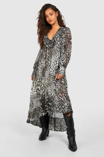 Leopard Chiffon Ruffle Midi Smock Dress grey