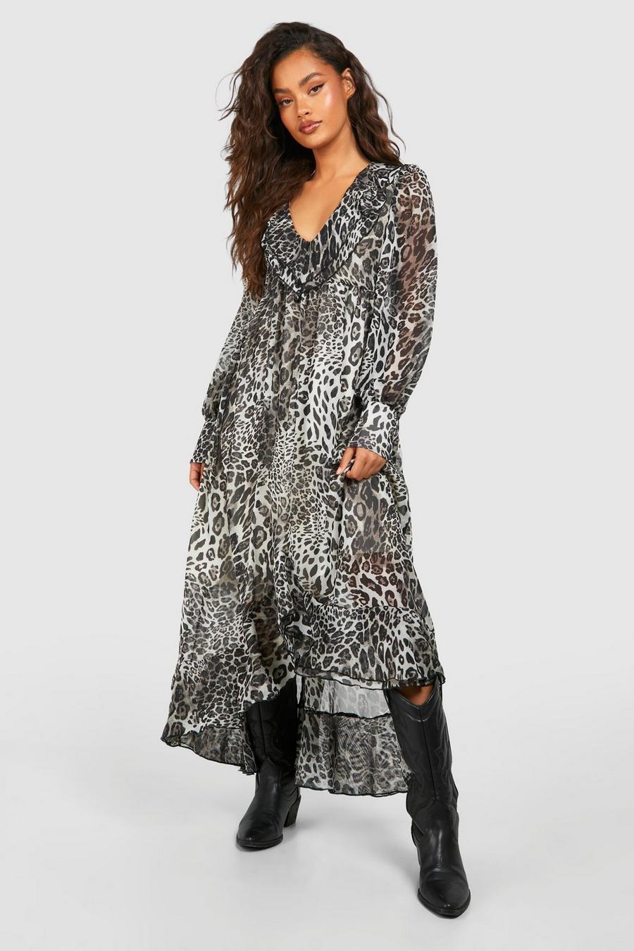 Vestito grembiule longuette in chiffon leopardato con arricciature, Grey
