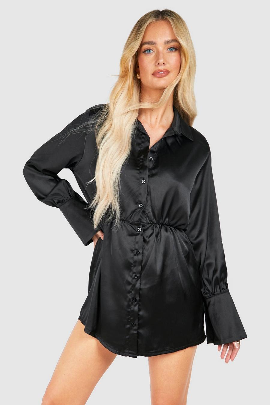 Black Satin Shoulder Pad Mini Shirt Dress image number 1