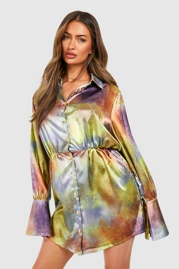 Abstract Satin Shoulder Pad Mini Shirt Dress multi