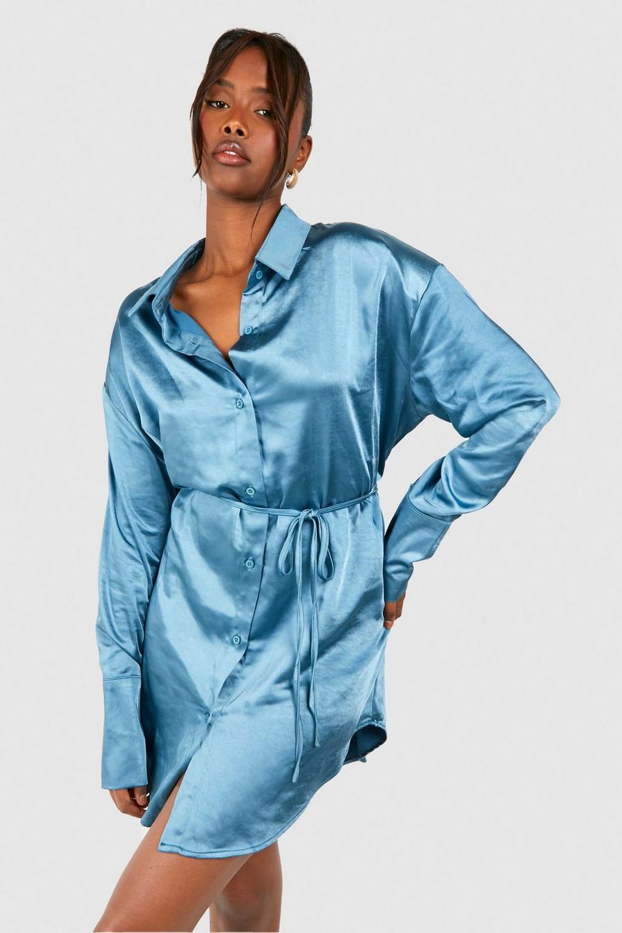 Blue Satin Cinched Waist Shoulder Pad Shirt Dress image number 1