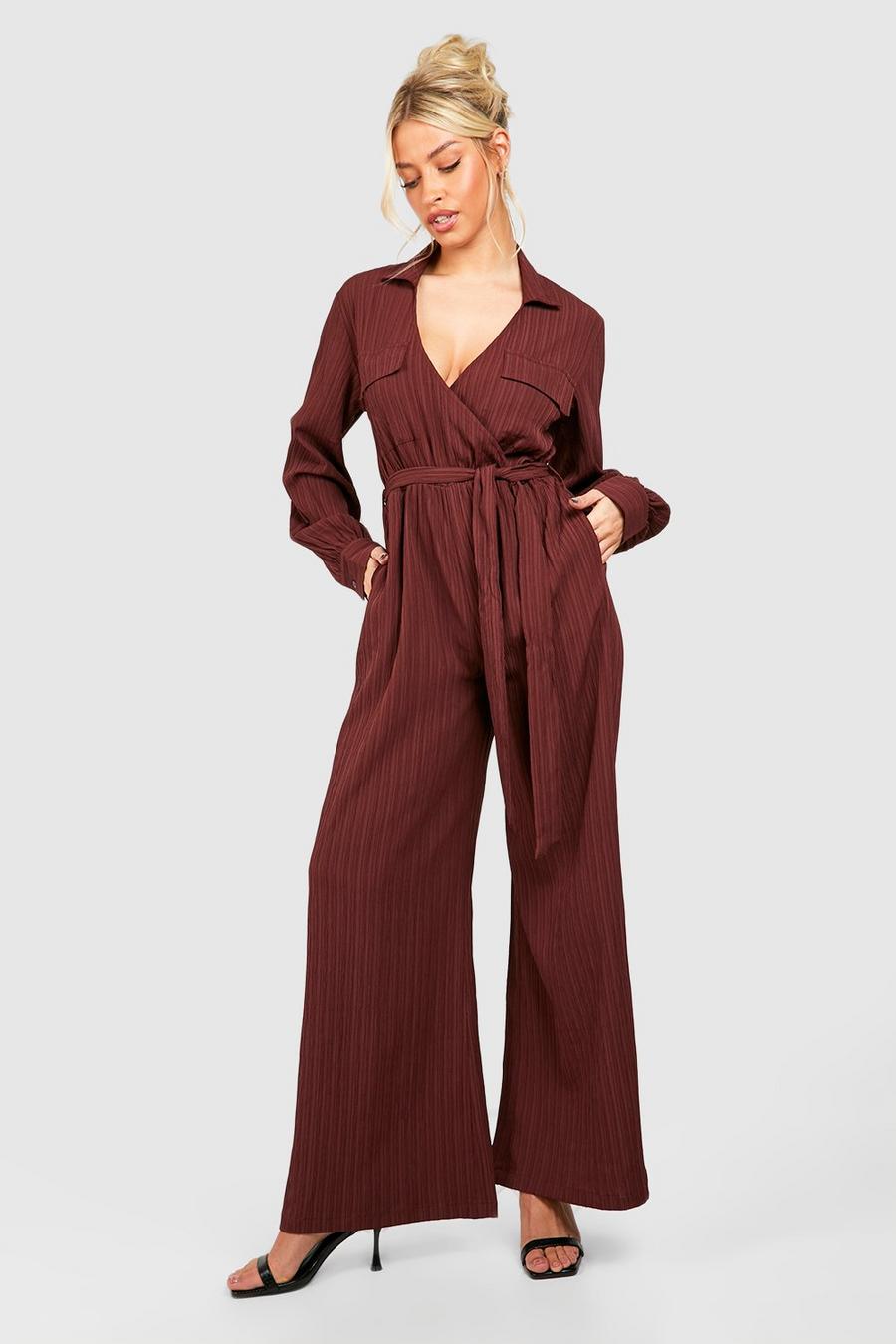 Chocolate Textured Utility Wide Leg Jumpsuit image number 1