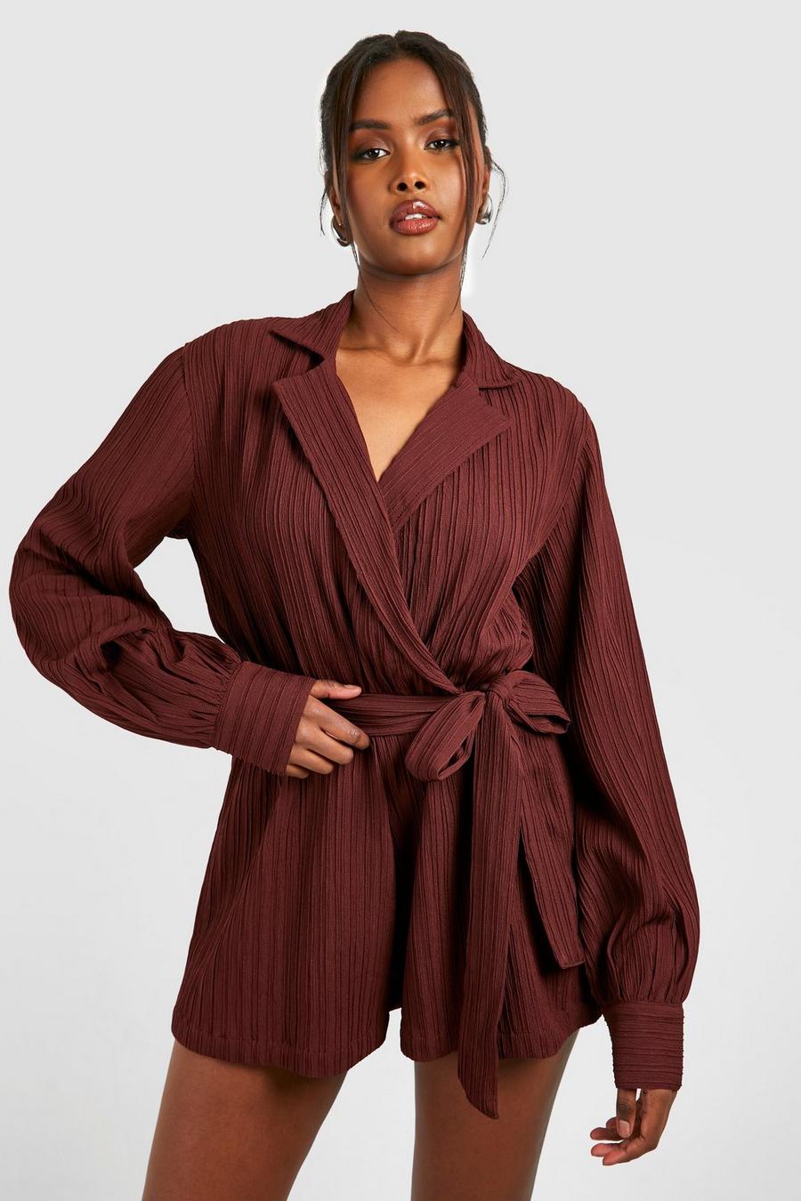 Chocolate brown Textured Wrap Playsuit