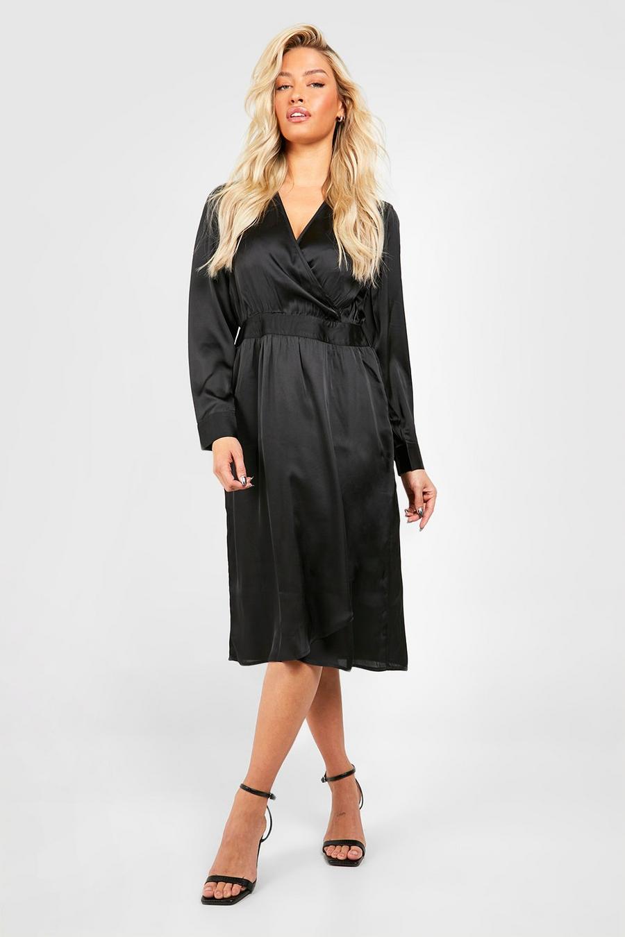 Black Satin Wrap Midi Dress image number 1