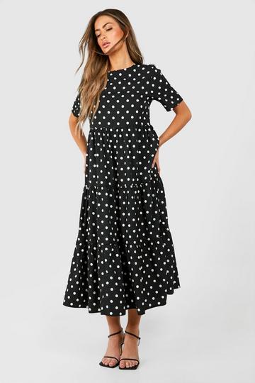 Polka Dot Cotton Midaxi Smock Dress black