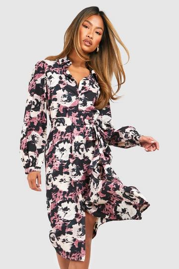 Dark Floral Midi Shirt Dress black