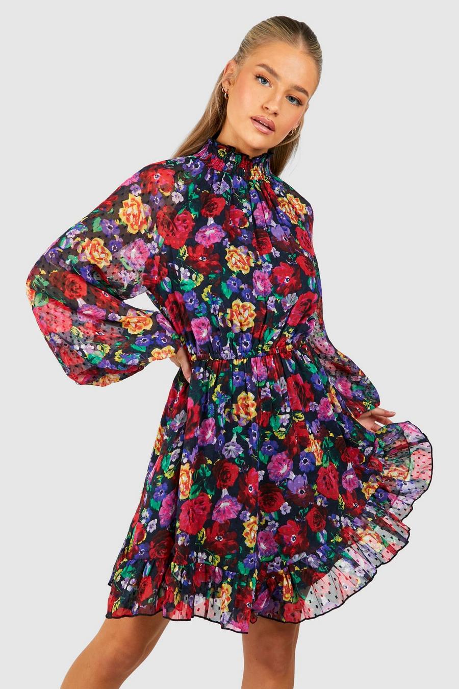 Black Floral Petite High Neck Flare Sleeve Woven Shift Dress