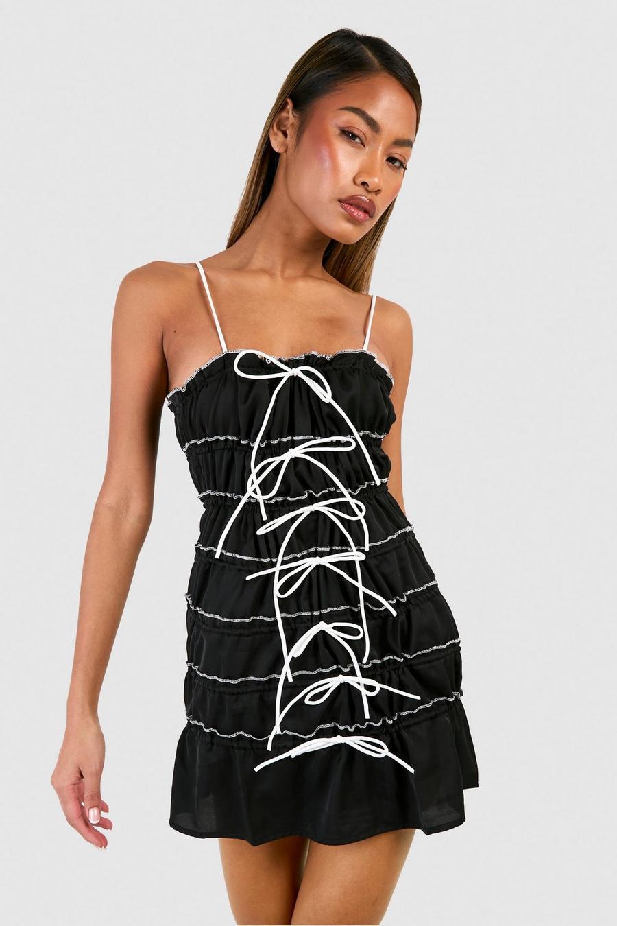 Black Tie Detail Rouched Strappy Mini Dress image number 1