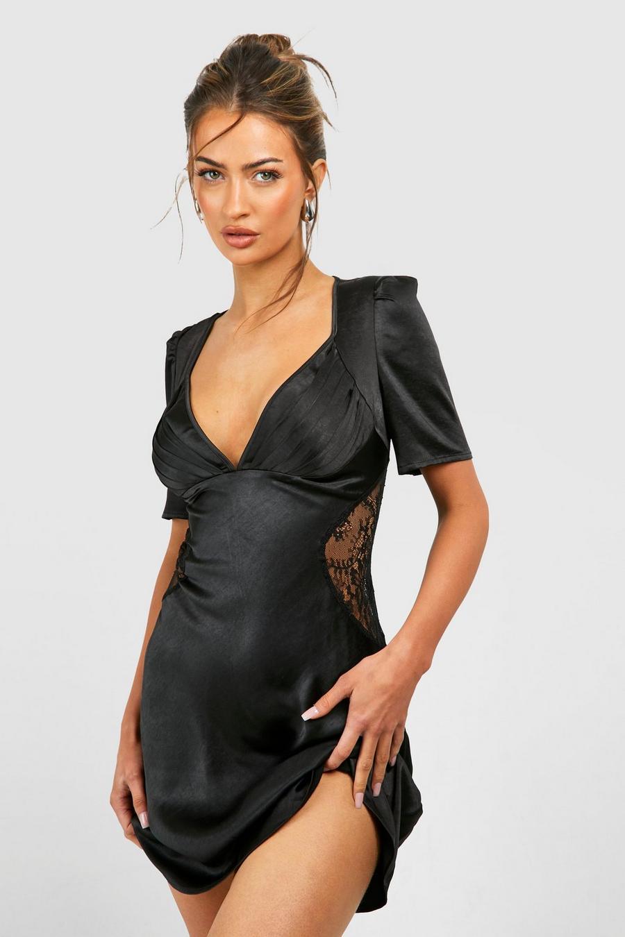 Black Satin Lace Detail Mini Dress image number 1