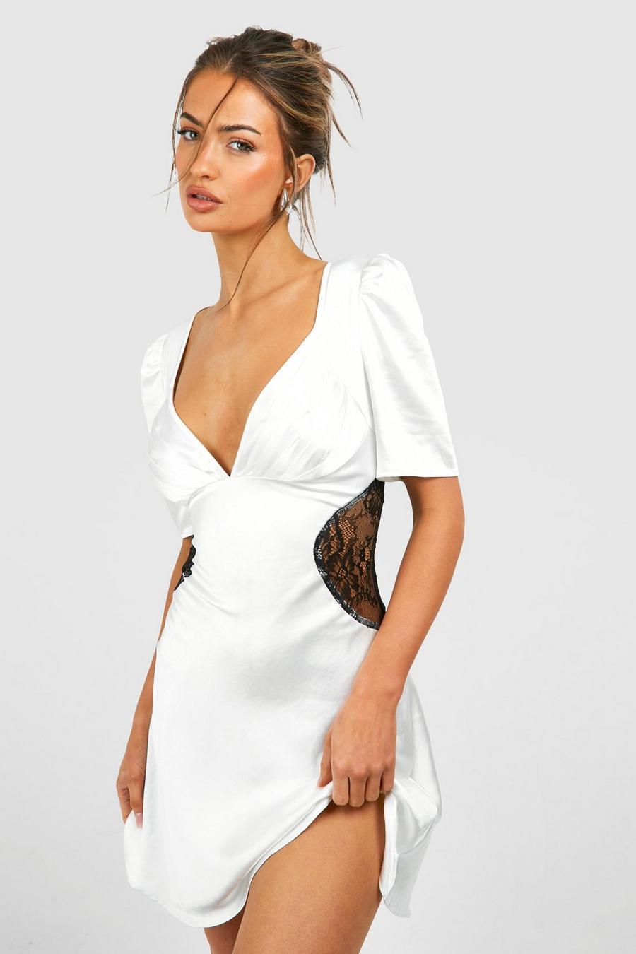 White Satin Lace Detail Mini Dress image number 1