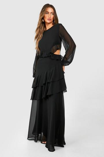 Black Chiffon Frill Detail Cut Out Maxi Dress