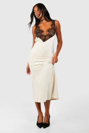 Champagne Beige Satin Lace Trim Midi Slip Dress