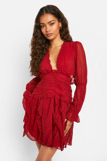 Cherry Red Dobby Cross Back Smock Dress