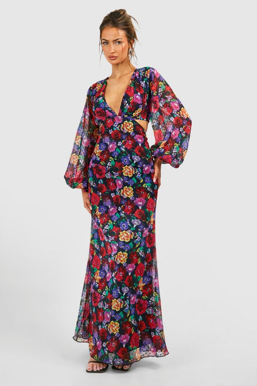 Black Dobby Floral Cut Out Maxi Dress image number 1