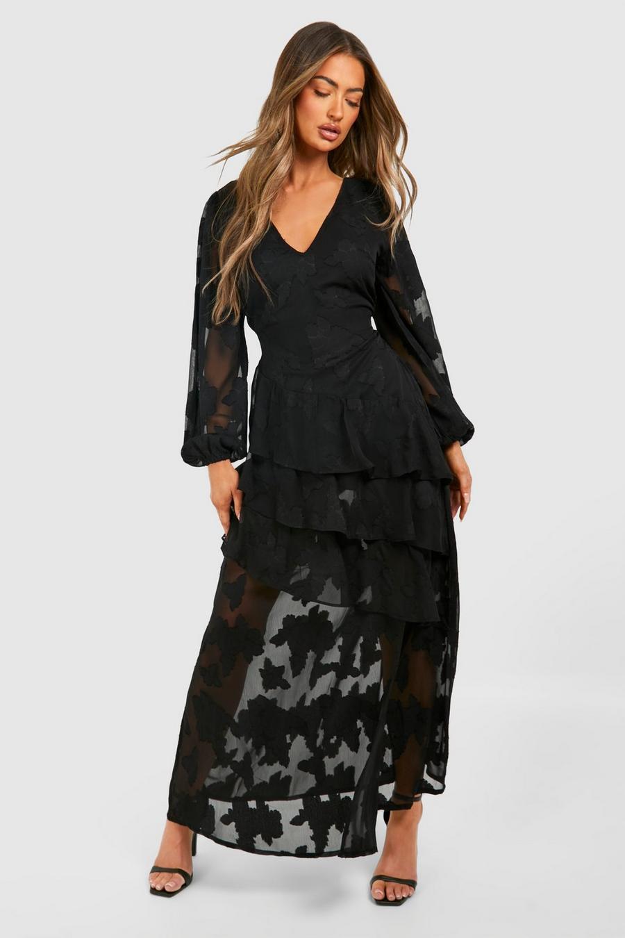 Black Burnout Floral Frill Detail Maxi Dress image number 1