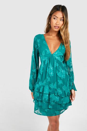 Green Burnout Floral Smock Dress