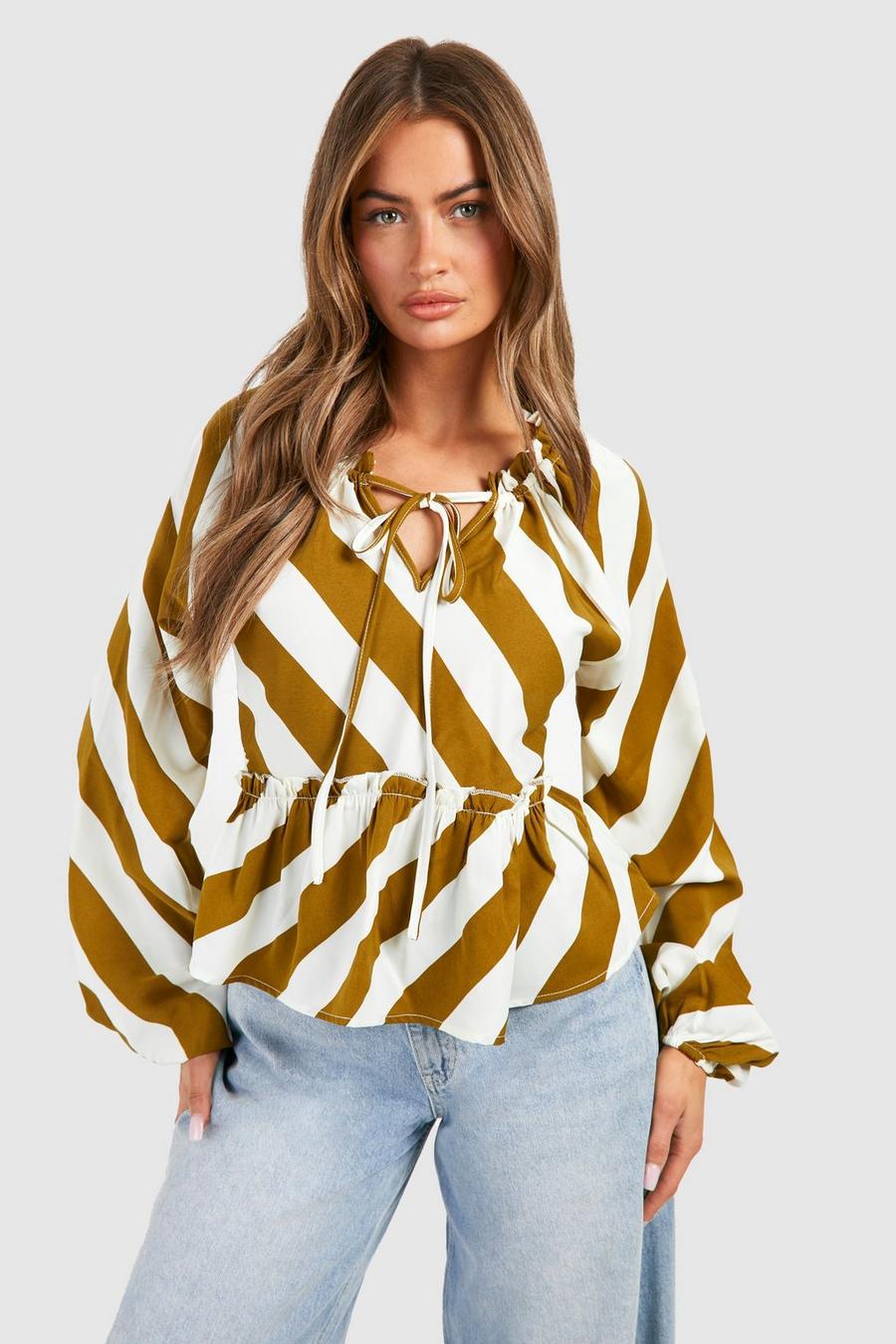 Chartreuse Stripe Balloon Sleeve Smock Top image number 1
