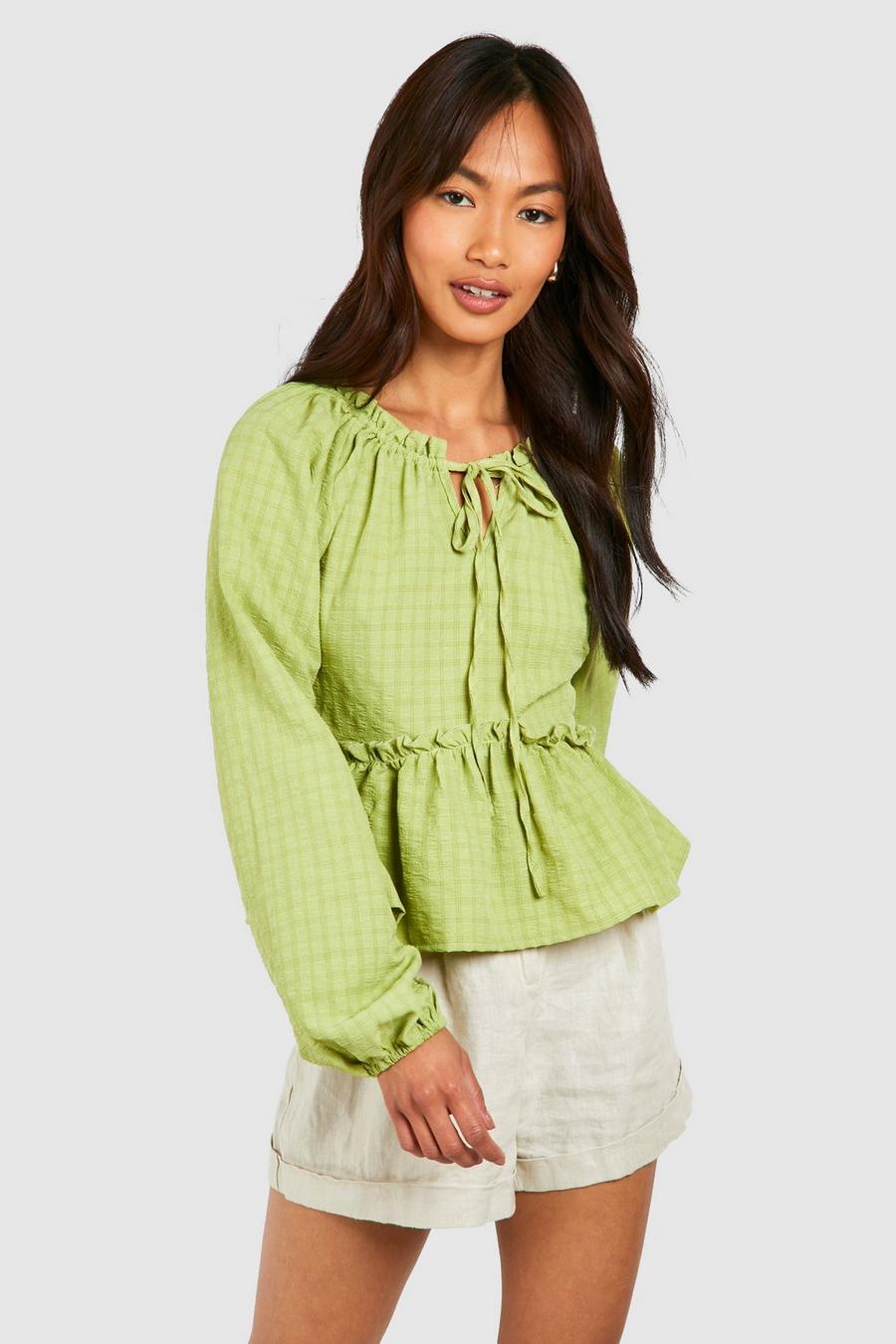 Blouse texturée à manches bouffantes, Khaki