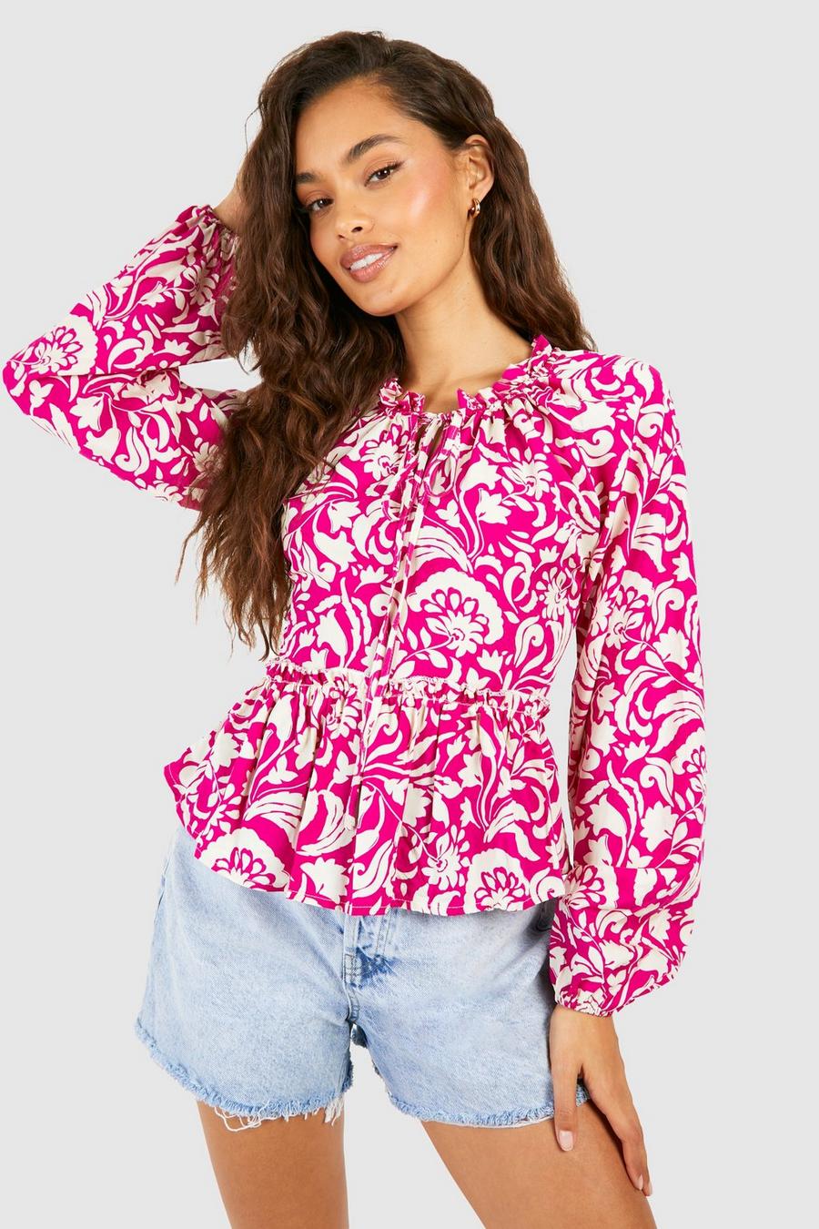 Pink Paisley Balloon Sleeve Blouse  image number 1
