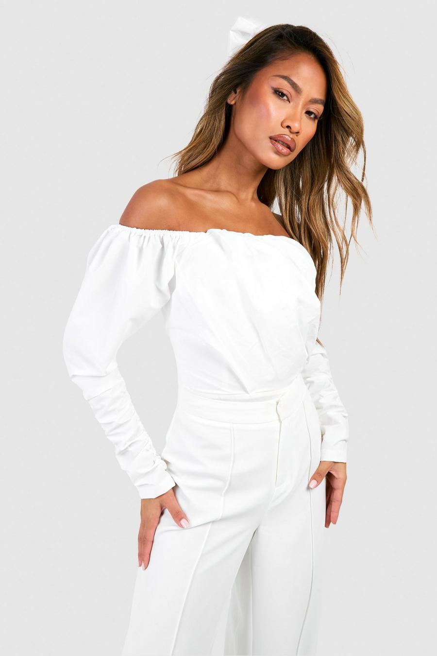 White Bardot Ruched Bodysuit 