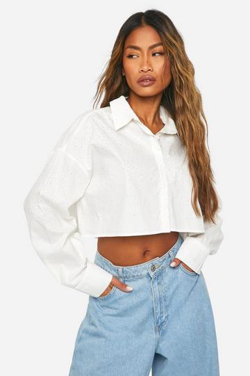 White Diamante Boxy Cropped Shirt