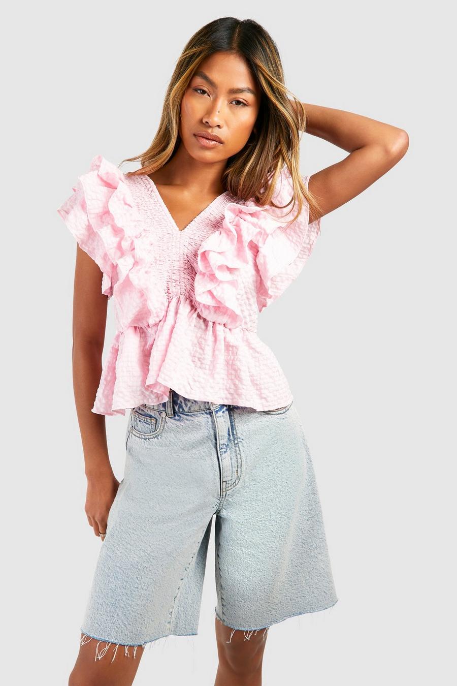 Pink Textured Ruffle Smock Top image number 1