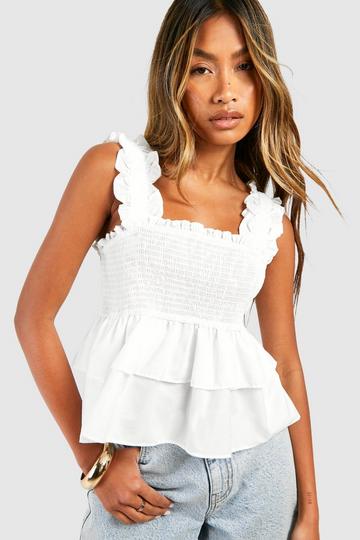 White Textured Ruffle Smock Top