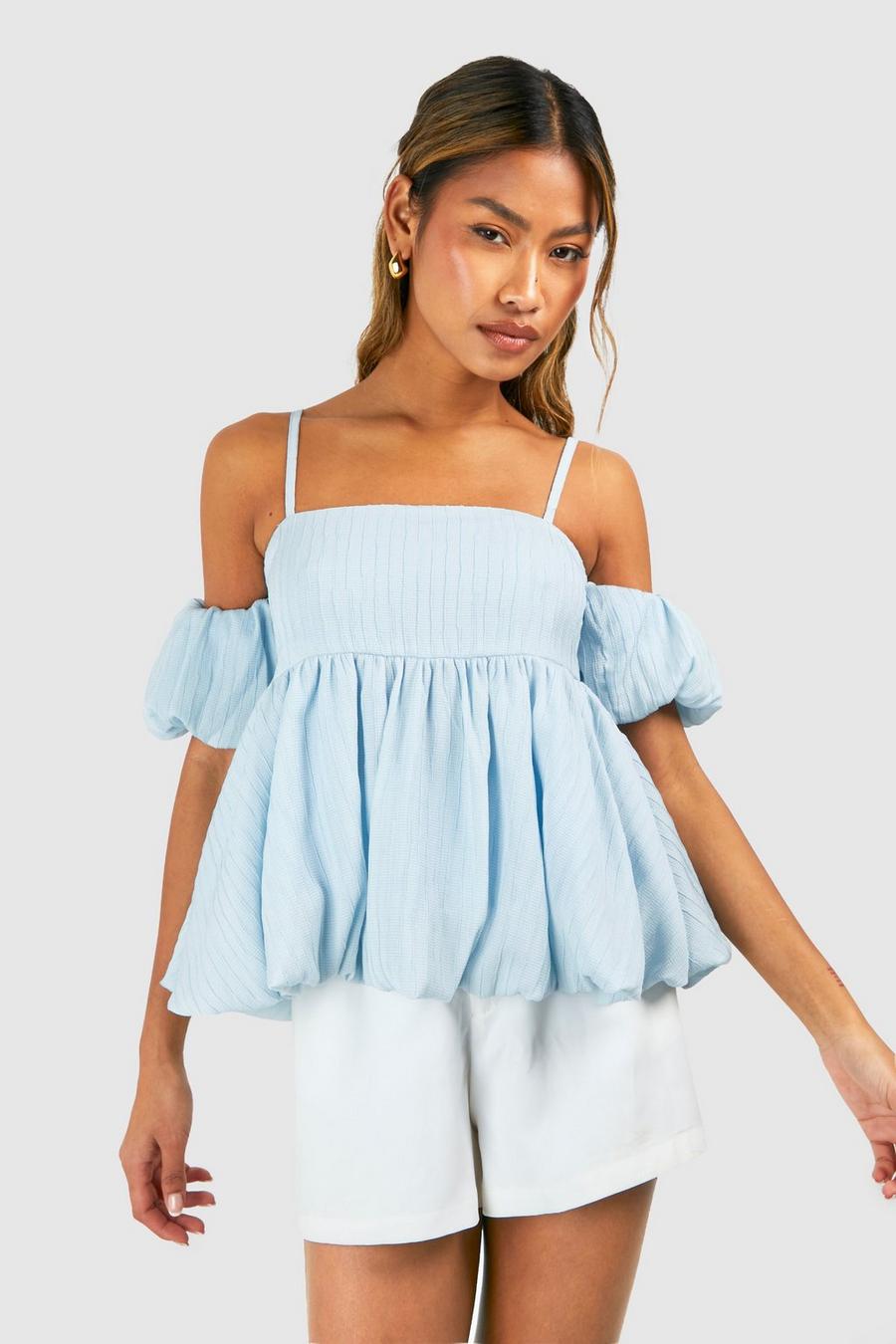 Light blue Puff Sleeve Babydoll Textured Smock Top image number 1